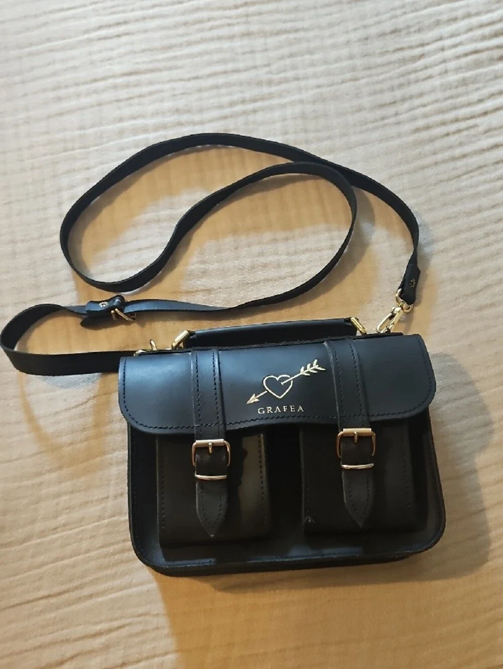 Grafea Black Leather Satchel with Gold Accent Hardware